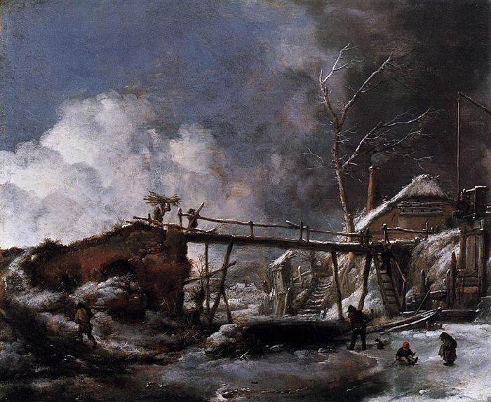 Philips Wouwerman Winter Landscape with Wooden Bridge oil painting picture